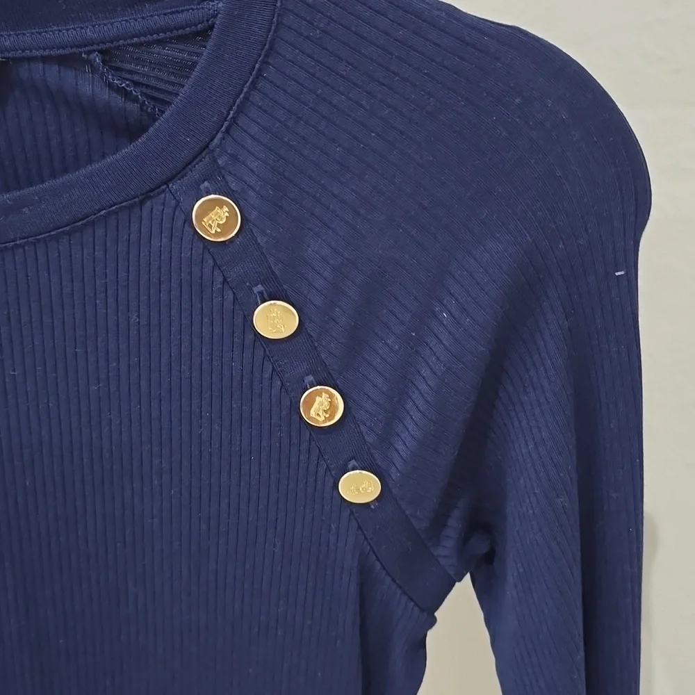 Ralph Lauren Navy Blue Long Sleeve Ribbed Gold Buttons Womens - Picture 2 of 8